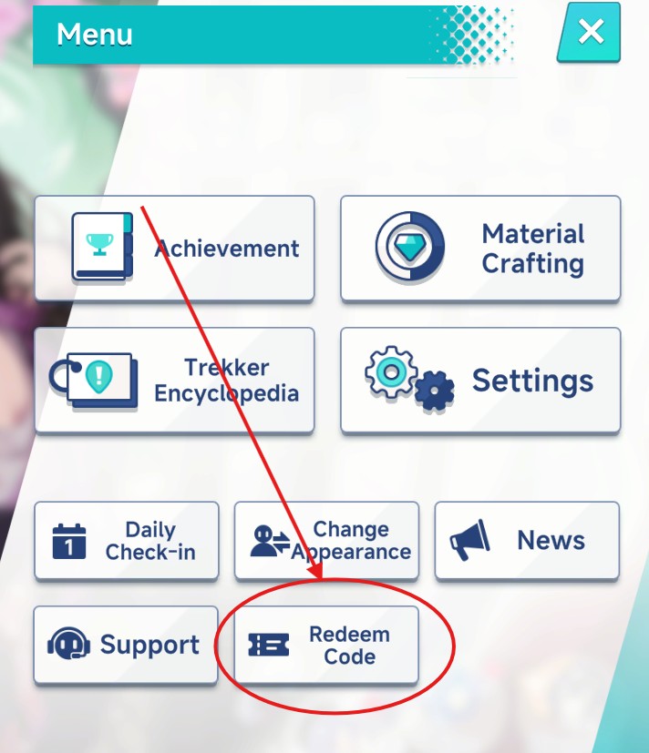 Stella Sora menu popup with "Redeem Code" option highlighted